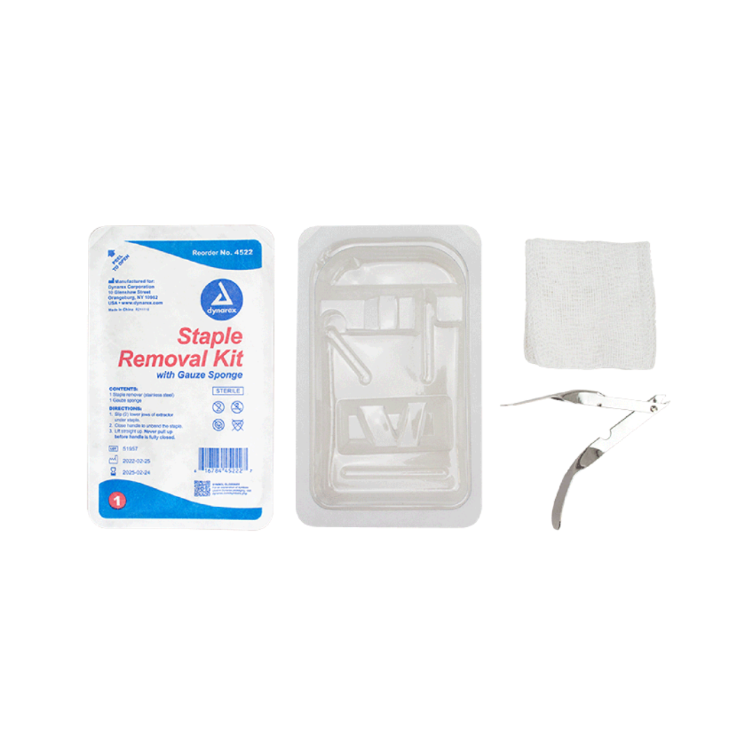 Dynarex Staple & Suture Removal Kits include a plastic tray with medical tools, gauze, and a metal staple remover, all neatly arranged on a white background.